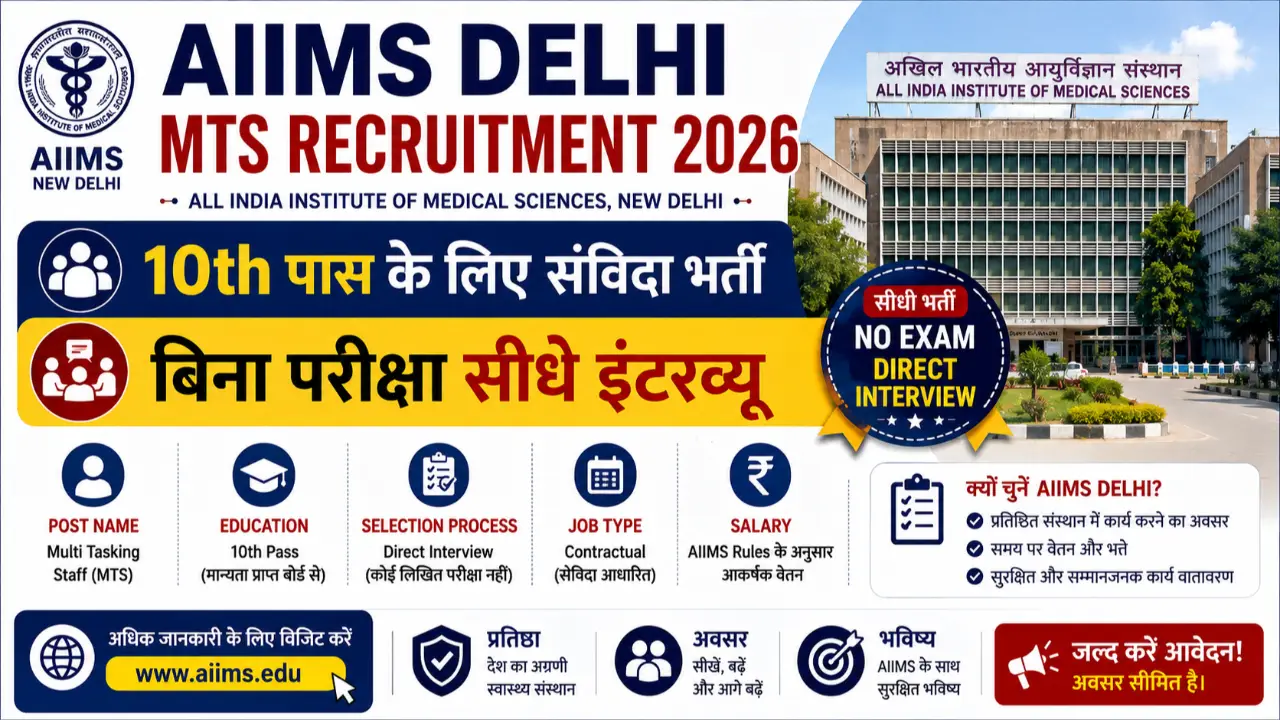 AIIMS Delhi MTS Recruitment 2026: 10th पास के लिए संविदा भर्ती, बिना परीक्षा सीधे इंटरव्यू banner