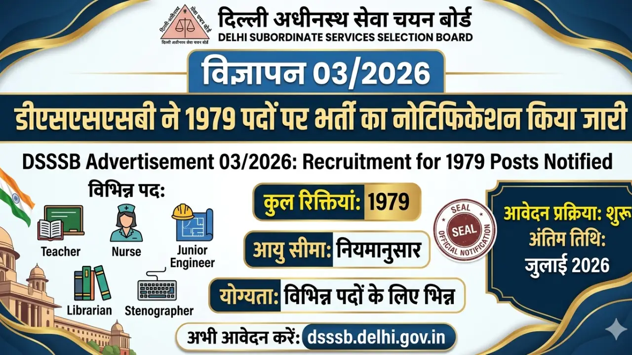 DSSSB Recruitment Advt 03/2026: डीएसएसएसबी ने 1979 पदों पर भर्ती का नोटिफिकेशन किया जारी banner
