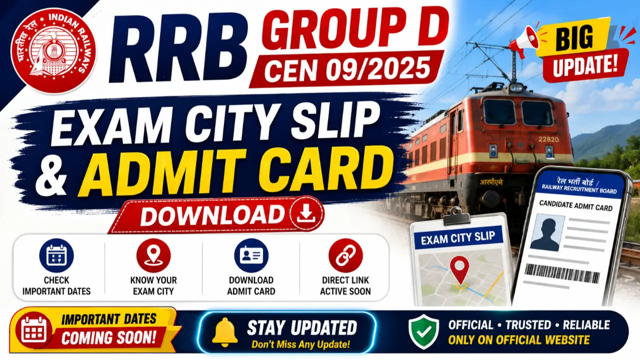 RRB Group D CEN 09/2025 Exam City Slip and Admit Card Download: Check Dates, Direct Link banner