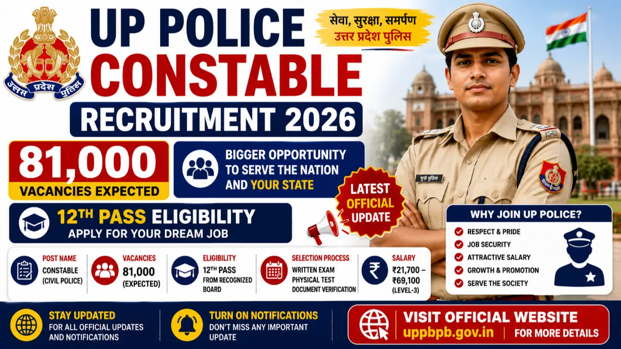 UP Police Constable Recruitment 2026: 81,000 Vacancies Expected, 12th Pass Eligibility banner